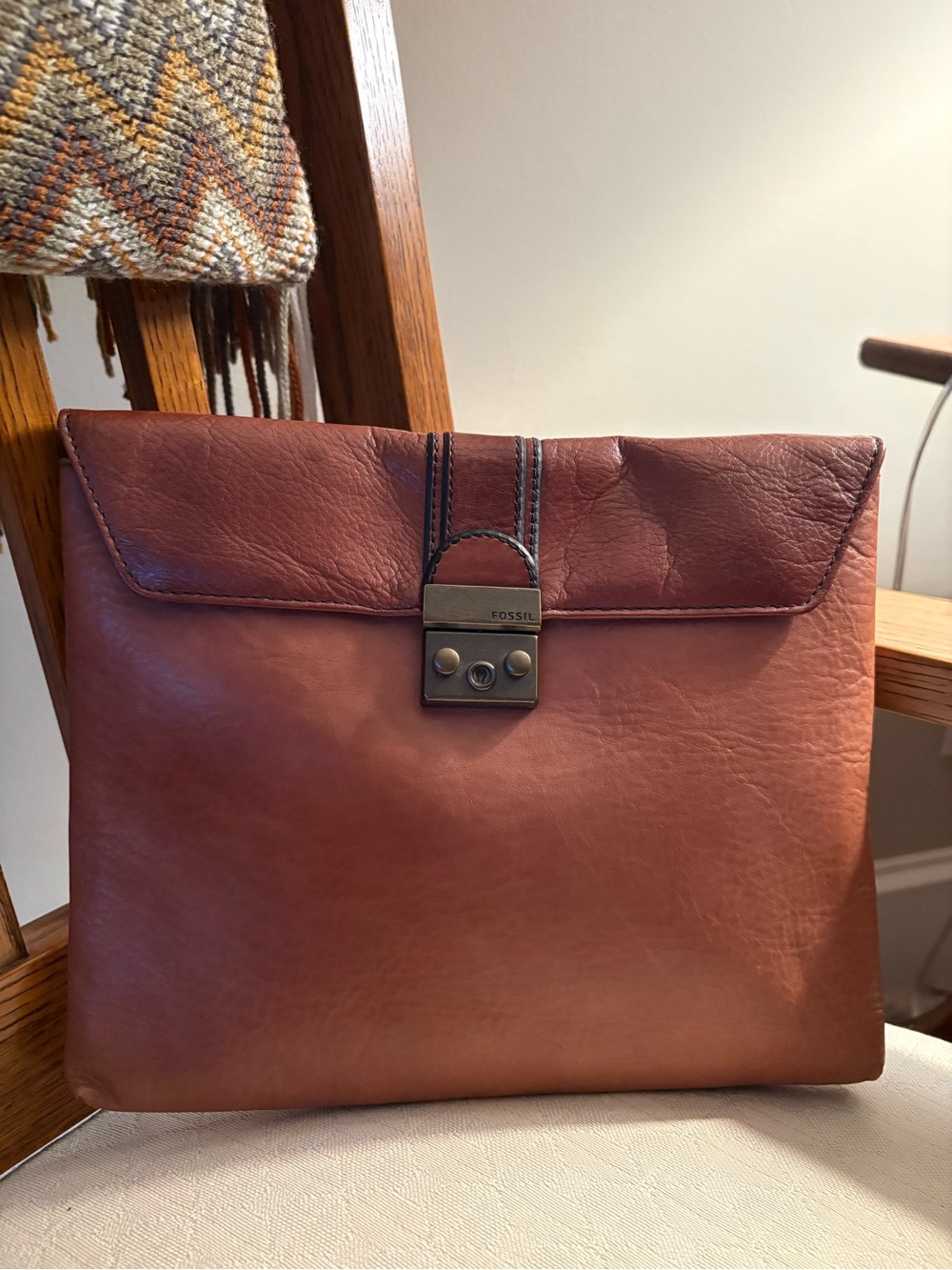 Fossil Brown Leather Messenger Envelope with Metal Clasp